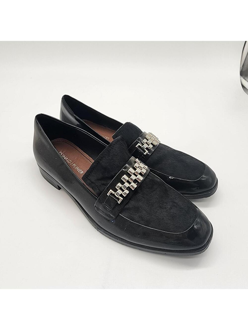 New Donald Pliner Patent Leather Calf Hair Chain Loafers Flats 8.5